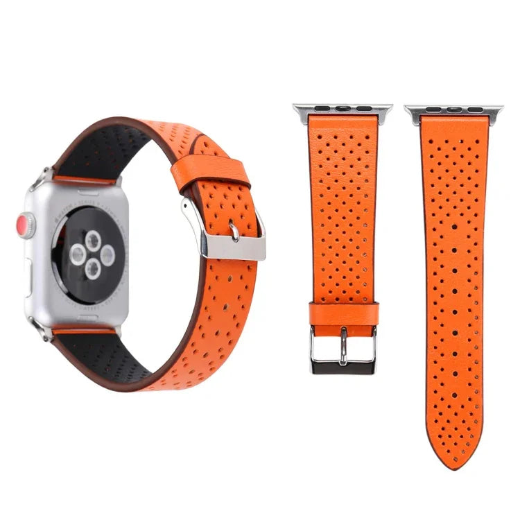 For Apple Watch Series 10 42mm / 9&8&7 41mm / SE 3&SE 2&6&SE&5&4 40mm / 3&2&1 38mm Simple Fashion Genuine Leather Hole Pattern Watch Band, 38mm