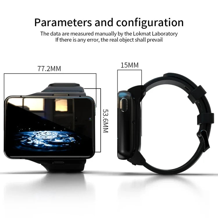 Parameters and configuration of LOKMAT 4G smart watch showing dimensions and design features.