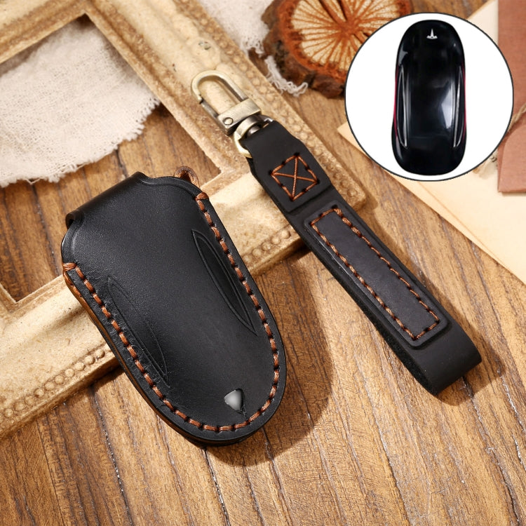 Hallmo Car Cowhide Leather Key Protective Cover Key Case for Tesla Model 3 / S A Style, For Tesla Model 3 / S A Style