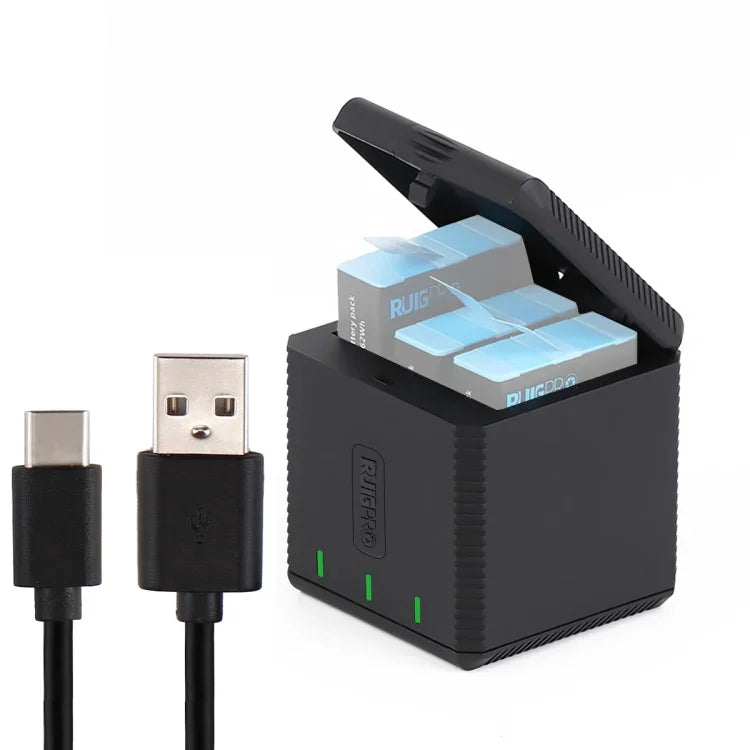 RUIGPRO USB Triple Batteries Housing Charger Box with Cable & Indicator Light for GoPro HERO9 Black / HERO10 Black