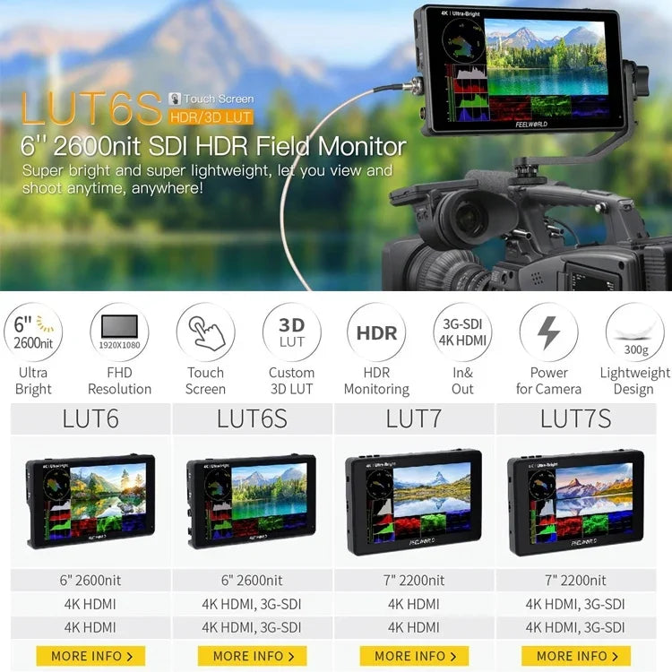 FEELWORLD LUT6S 1920x1080 2600 nits 6 inch IPS Screen HDMI 4K Touch Screen SDI HDI Camera Field Monitor, LUT6S