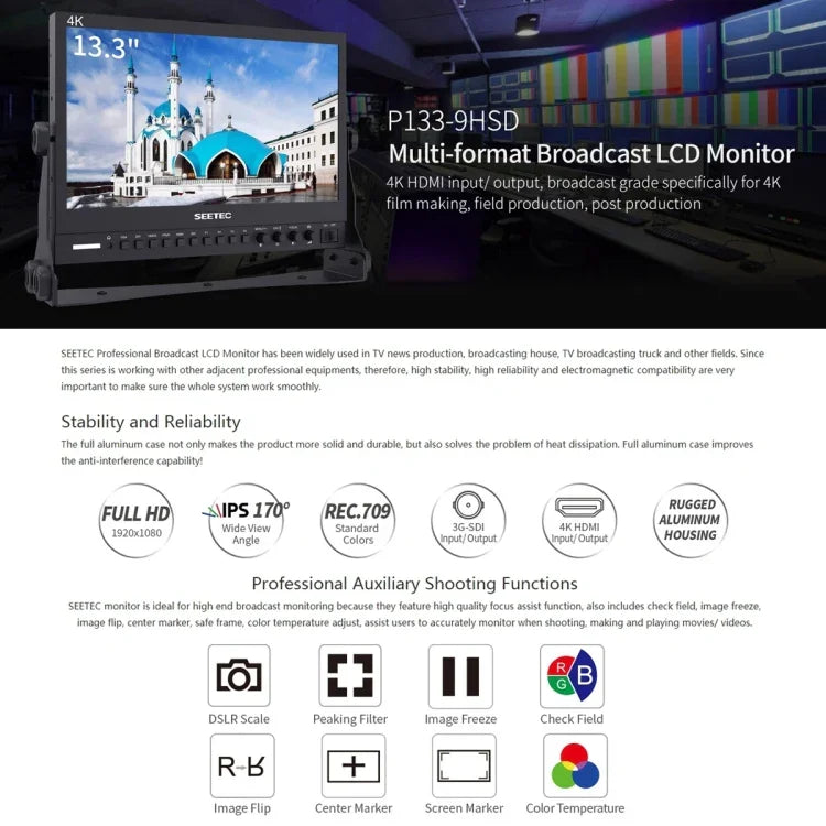 SEETEC P133-9HSD 1920x1080 13.3 inch Broadcast Level Full HD Media Film Camera Field Monitor, P133-9HSD