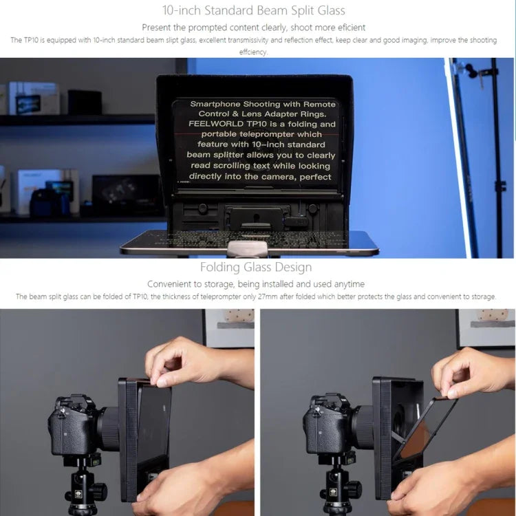 FEELWORLD TP10 Portable 10-inch Folding Teleprompter with Remote Control Lens Adapter Ring For Below 10 inches Smartphone / Tablet, TP10