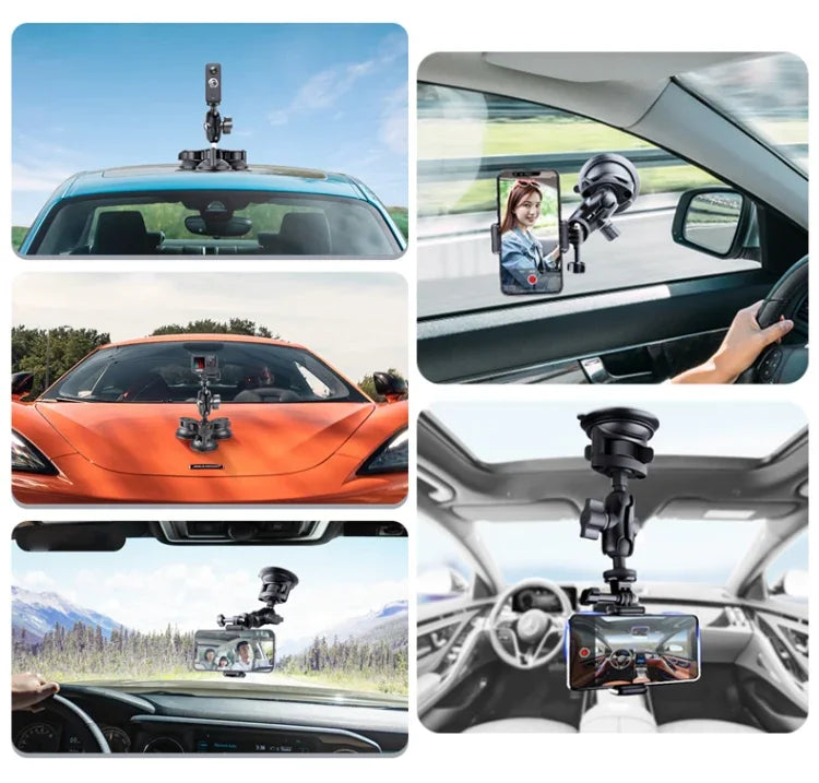 Single Suction Cup Mount Holder with Tripod Adapter & Steel Tether & Safety Buckle, Single Suction Cup