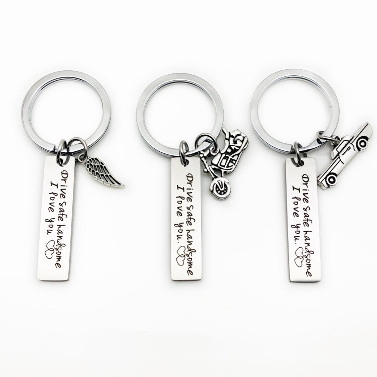 Creative Drive Safe Handsome Words Stainless Steel Keychain Key Rings, Wing Shape, Motorcycle Shape, Car Shape