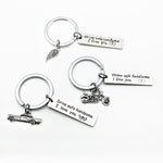 Creative Drive Safe Handsome Words Stainless Steel Keychain Key Rings, Wing Shape, Motorcycle Shape, Car Shape
