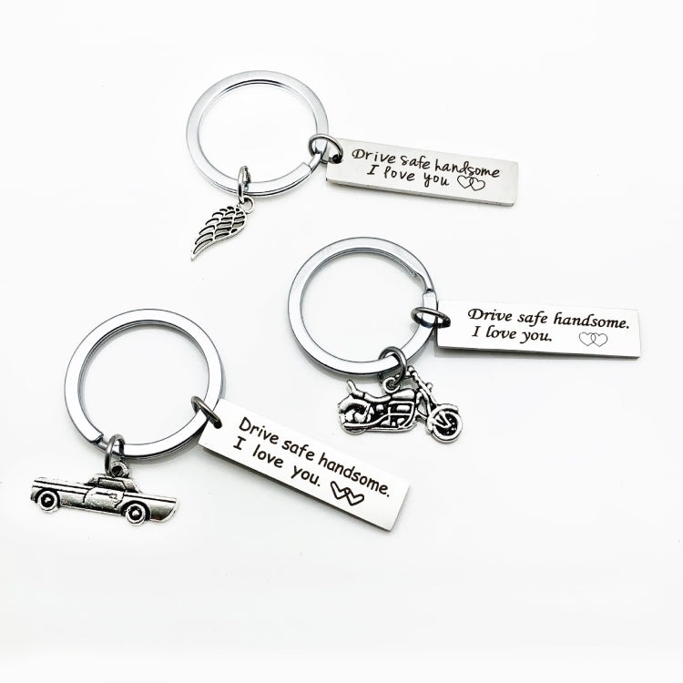 Creative Drive Safe Handsome Words Stainless Steel Keychain Key Rings, Wing Shape, Motorcycle Shape, Car Shape