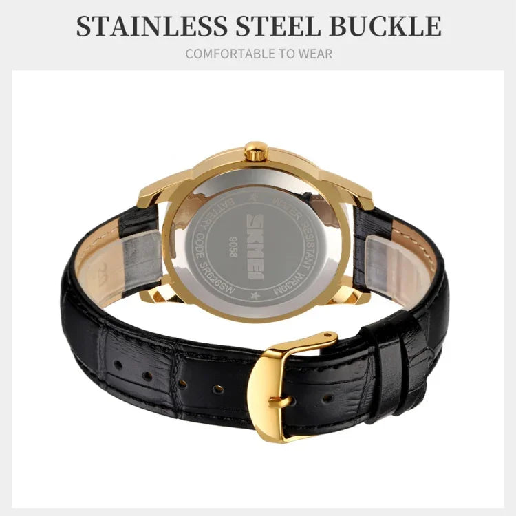 SKMEI 9058 Multifunctional Outdoor Fashion Waterproof Gold Shell Quartz Wrist Watch, Women Style Black Face Black Strap, Women Style Silver Face Brown Strap, Women Style Gold Face Brown Strap, Men Style Silver Face Brown Strap                          ...