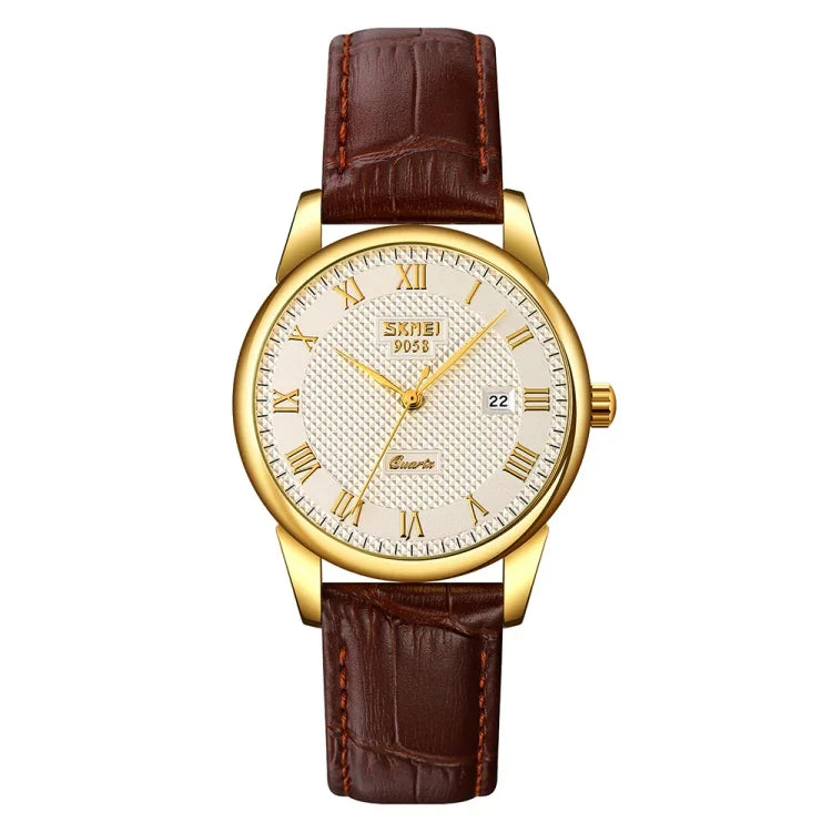 SKMEI 9058 Multifunctional Outdoor Fashion Waterproof Gold Shell Quartz Wrist Watch, Women Style Black Face Black Strap, Women Style Silver Face Brown Strap, Women Style Gold Face Brown Strap, Men Style Silver Face Brown Strap                          ...