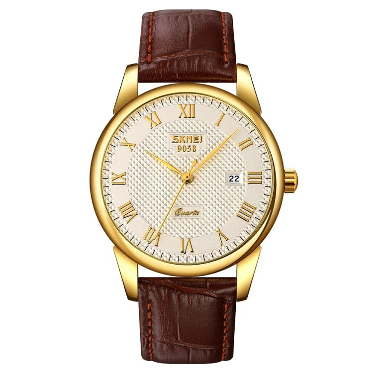 SKMEI 9058 Multifunctional Outdoor Fashion Waterproof Gold Shell Quartz Wrist Watch, Women Style Black Face Black Strap, Women Style Silver Face Brown Strap, Women Style Gold Face Brown Strap, Men Style Silver Face Brown Strap                          ...