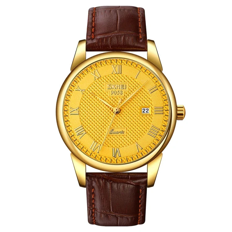 SKMEI 9058 Multifunctional Outdoor Fashion Waterproof Gold Shell Quartz Wrist Watch, Women Style Black Face Black Strap, Women Style Silver Face Brown Strap, Women Style Gold Face Brown Strap, Men Style Silver Face Brown Strap                          ...