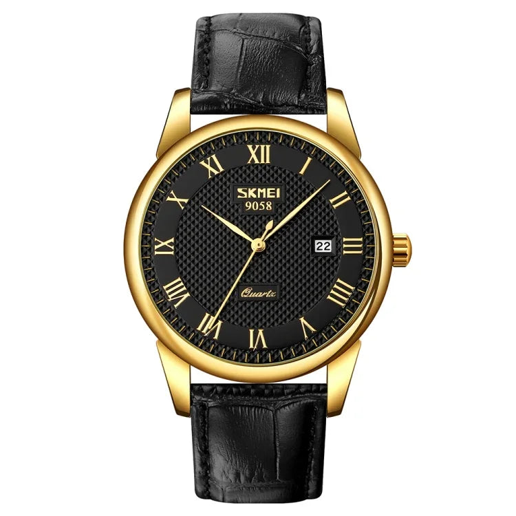 SKMEI 9058 Multifunctional Outdoor Fashion Waterproof Gold Shell Quartz Wrist Watch, Women Style Black Face Black Strap, Women Style Silver Face Brown Strap, Women Style Gold Face Brown Strap, Men Style Silver Face Brown Strap                          ...