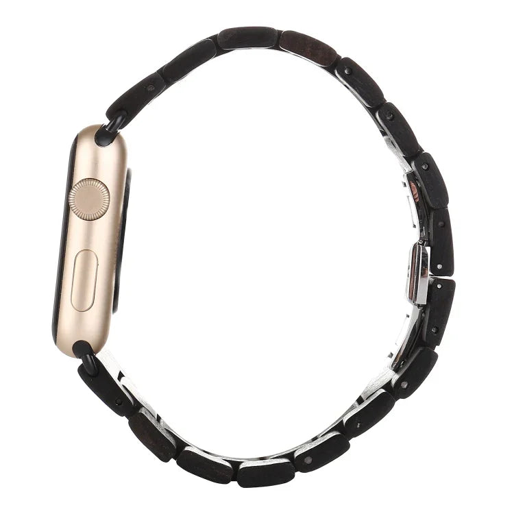 Wooden wrist strap for Apple Watch, stylish and adjustable, compatible with multiple Apple Watch series.