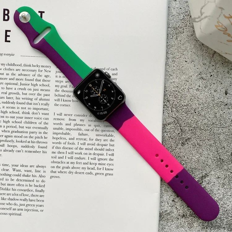 Silicone Color Matching Replacement Watchbands For Apple Watch Series 6 & SE & 5 & 4 44mm / 3 & 2 & 1 42mm, For Apple Watch 44mm/42mm(Black+Red+White), For Apple Watch 44mm/42mm(Light Blue+Dark Blue+Yellow)                                              ...