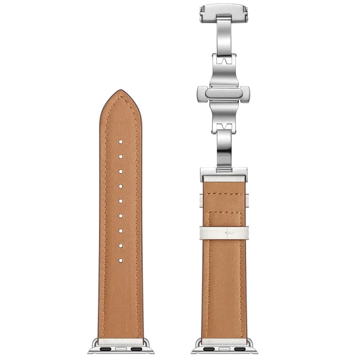 Genuine Leather + Butterfly Silver Buckle Replacement Watchbands For Apple Watch Series 6 & SE & 5 & 4 44mm / 3 & 2 & 1 42mm, Silver Buckle For Apple Watch Series 7 45mm / 6 & SE & 5 & 4 44mm / 3 & 2 & 1 42mm