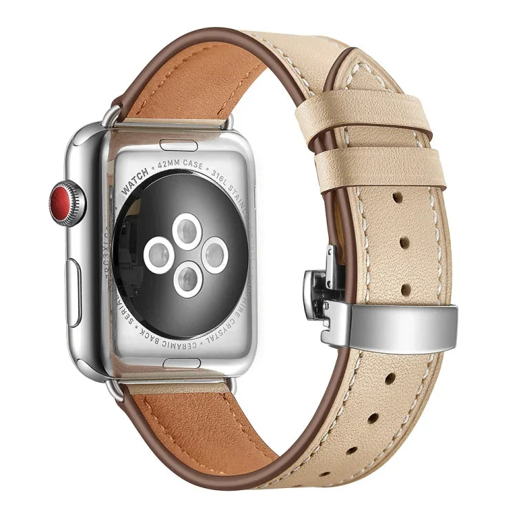 Genuine Leather + Butterfly Silver Buckle Replacement Watchbands For Apple Watch Series 6 & SE & 5 & 4 44mm / 3 & 2 & 1 42mm, Silver Buckle For Apple Watch Series 7 45mm / 6 & SE & 5 & 4 44mm / 3 & 2 & 1 42mm