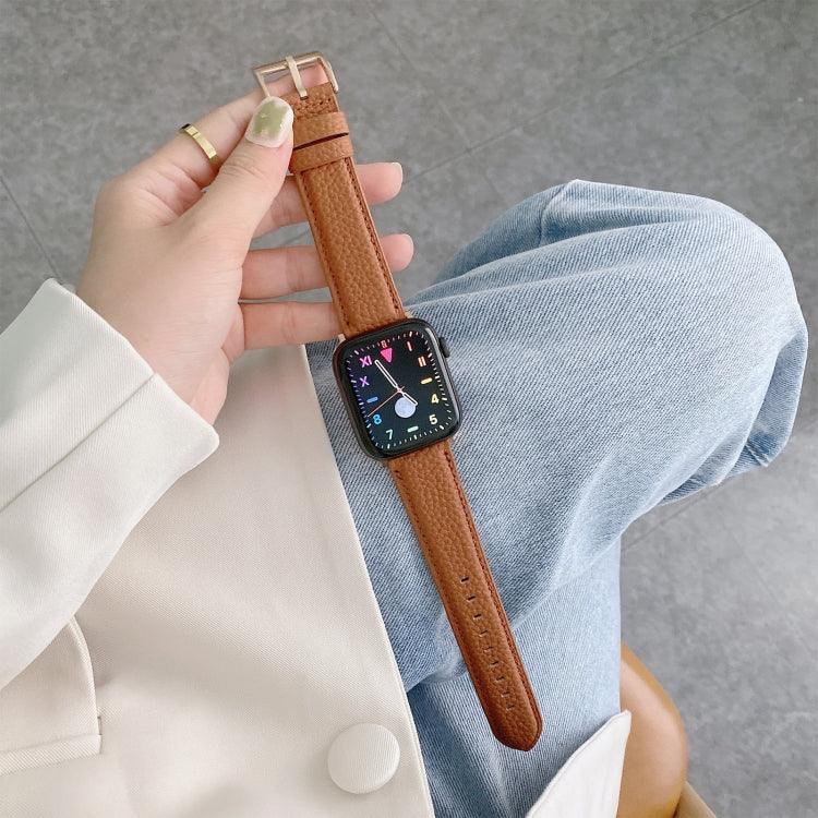Sewing Thread Lychee Texture Leather Replacement Watchbands, For Apple Watch Ultra 49mm / Series 8&7 45mm / SE 2&6&SE&5&4 44mm / 3&2&1 42mm, For Series 7 41mm / 6 & SE & 5 & 4 40mm / 3 & 2 & 1 38mm