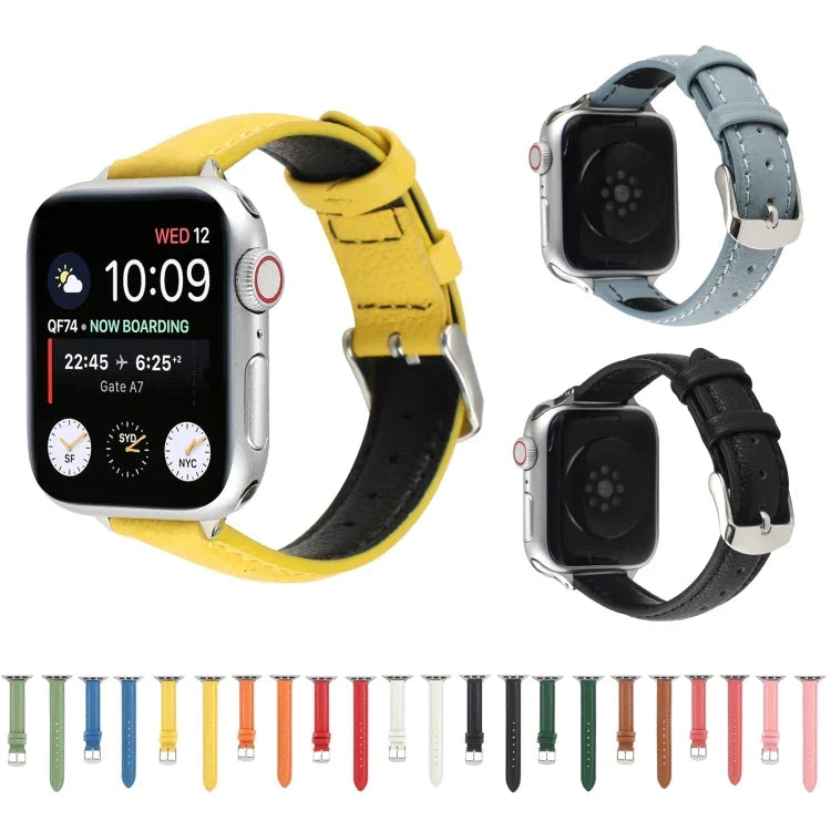 14mm Slim Genuine Leather Strap Watchband For Apple Watch Series, 7 45mm / 6 & SE & 5 & 4 44mm / 3 & 2 & 1 42mm, 7 41mm / 6 & SE & 5 & 4 40mm / 3 & 2 & 1 38mm
