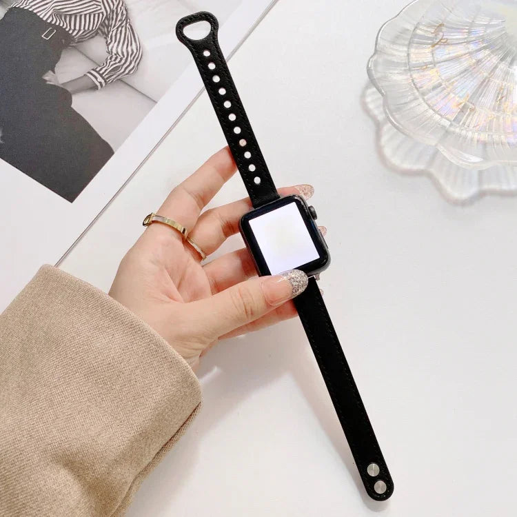 Double Studs Buckle Genuine Leather Strap Watchband For Apple Watch Series, 7 45mm / 6 & SE & 5 & 4 44mm / 3 & 2 & 1 42mm, 7 41mm / 6 & SE & 5 & 4 40mm / 3 & 2 & 1 38mm