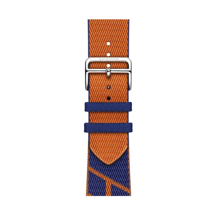 Two-color nylon braid replacement watch strap for Apple Watch in orange and blue.