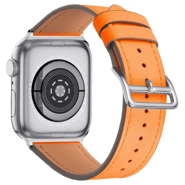 Small waist leather replacement strap for Apple Watch, featuring an orange design for 41mm and 44mm models.