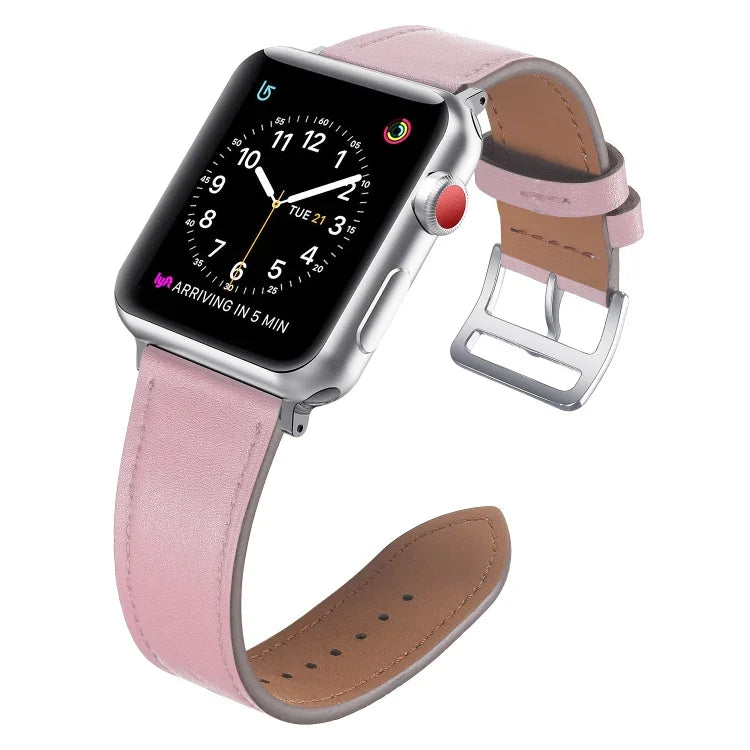 Small waist leather replacement strap for Apple Watch in pink, compatible with Series 7, SE, 6, 5, 4, 40mm and 44mm.