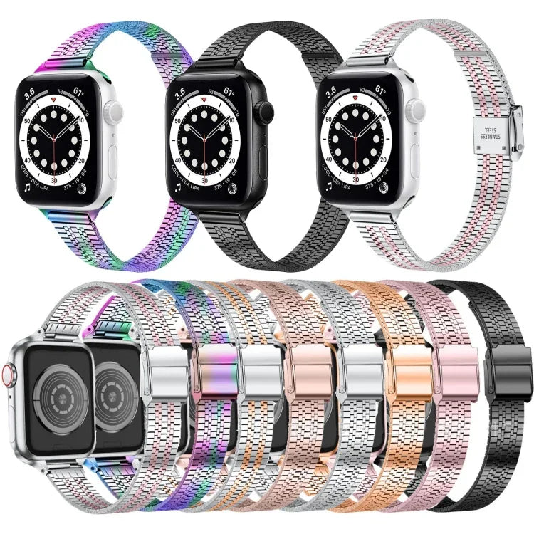 14mm Seven-beads Double Safety Buckle Slim Steel Replacement Strap Watchband For Apple Watch Series, 7 41mm / 6 & SE & 5 & 4 40mm / 3 & 2 & 1 38mm, 7 45mm / 6 & SE & 5 & 4 44mm / 3 & 2 & 1 42mm