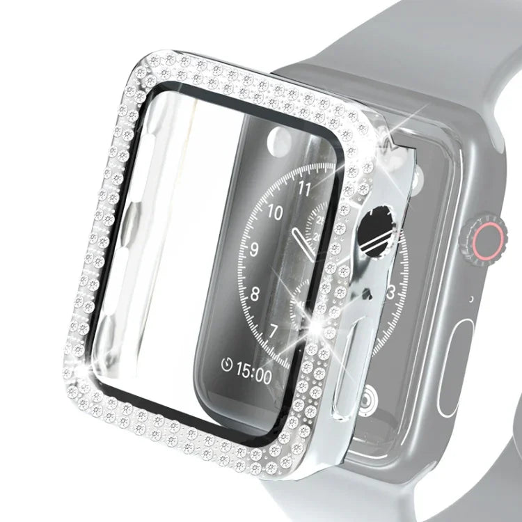 Electroplating PC Double Rows Diamond Protective Case with Tempered Glass Film For Apple Watch Series, 3 & 2 & 1 38mm, 3 & 2 & 1 42mm