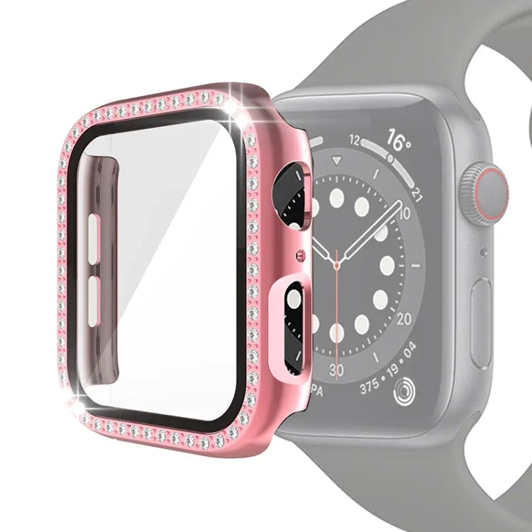 Electroplating PC Single Row Diamond Protective Case with Tempered Glass Film For Apple Watch Series, 3 & 2 & 1 38mm, 3 & 2 & 1 42mm