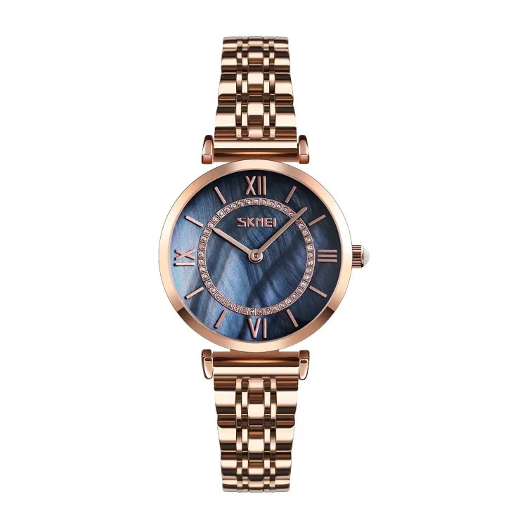 SKMEI 9198 Simple Roman Numeral Dial Metal Belt Quartz Watch for Couples
