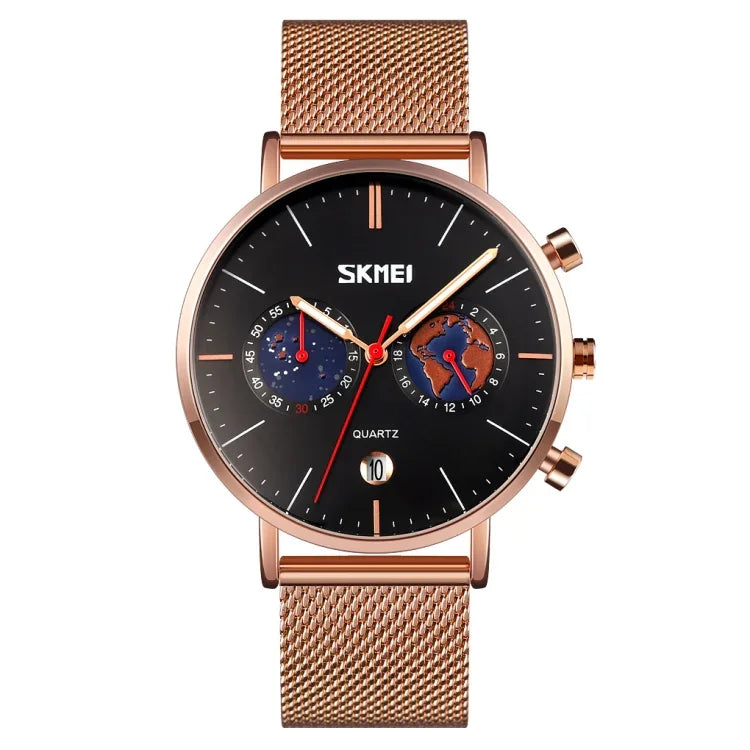 SKMEI 9231 Men Map Pattern Calendar Stopwatch Stainless Steel Strap Quartz Watch