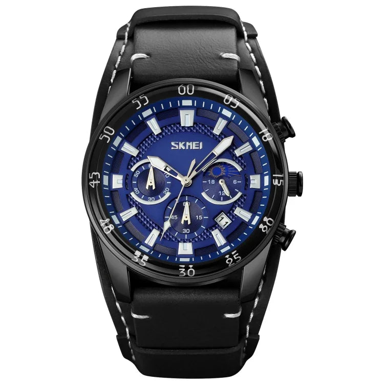 SKMEI 9249 Men Moonphase Calendar Stopwatch Leather Strap Quartz Watch