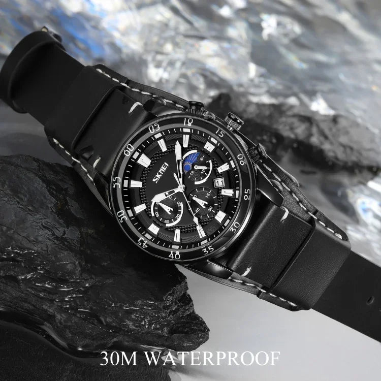 SKMEI 9249 Men Moonphase Calendar Stopwatch Leather Strap Quartz Watch