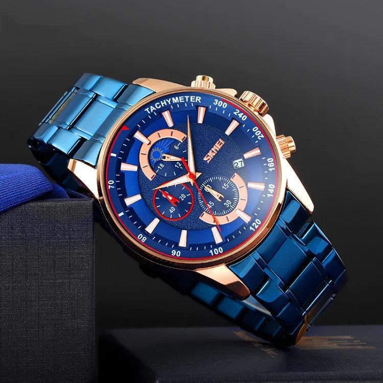 SKMEI 9250 Men Moonphase Stopwatch Date Six Pin Stainless Steel Strap Quartz Watch