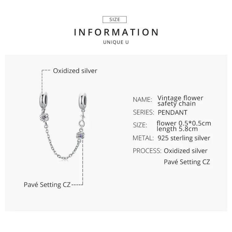 S925 Sterling Silver Retro Flower Safety Chain DIY Bracelet Necklace Accessories, Retro Flower
