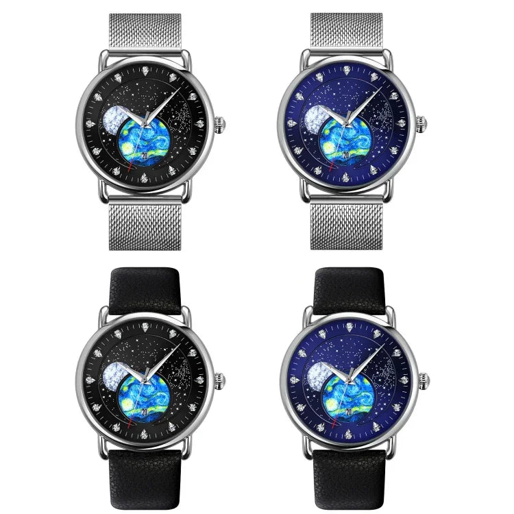 SKMEI 9283 Stainless Steel Buckle Glass Mirror Waterproof Quartz Watch, Steel Belt, Leather Belt