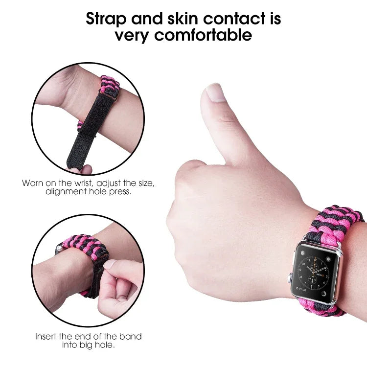 Paracord Plain Weave Hook And Loop Fastener Nylon Watch Band, For Apple Watch Series 8&7 41mm / SE 2&6&SE&5&4 40mm, For Apple Watch Ultra 49mm / Series 8&7 45mm / SE 2&6&SE&5&4 44mm