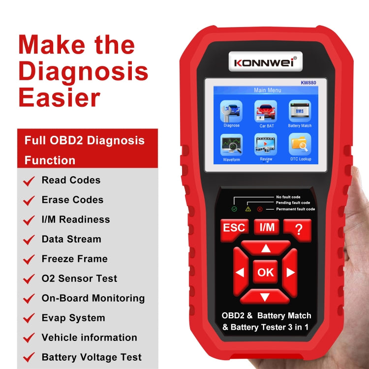 KONNWEI KW880 3 in 1 Car OBD2 Fault Diagnosis + Battery Tester + Battery Match Reset, BK880