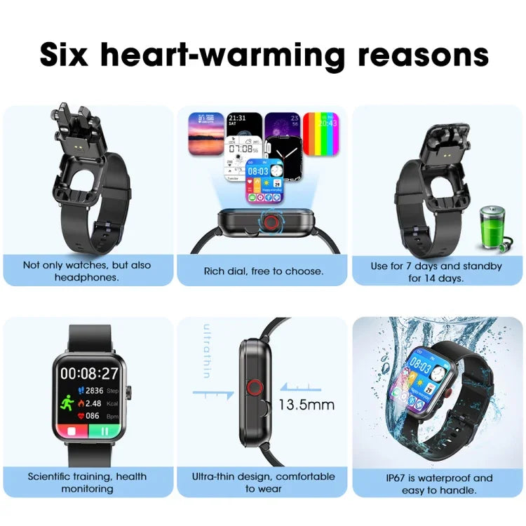 S6 TWS Earphone 1.91 inch Smart Bracelet Support Bluetooth Call / Health Monitoring