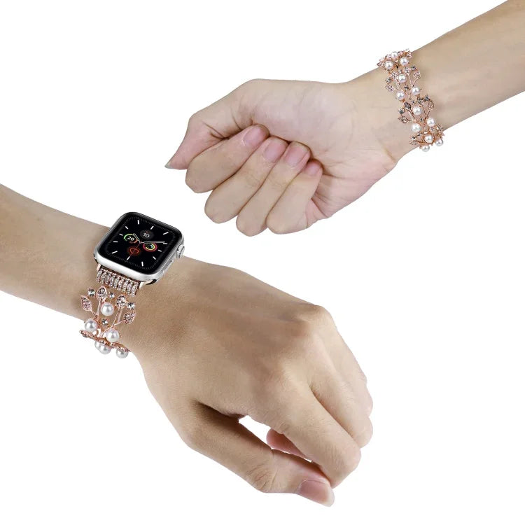 Four-leaf Bead Metal Watch Band, For Apple Watch Series 10 46mm, For Apple Watch Series 10 42mm, For Apple Watch SE 2023 44mm, For Apple Watch SE 2023 40mm, For Apple Watch Ultra 2 49mm, For Apple Watch 9 45mm, For Apple Watch 9 41mm                   ...