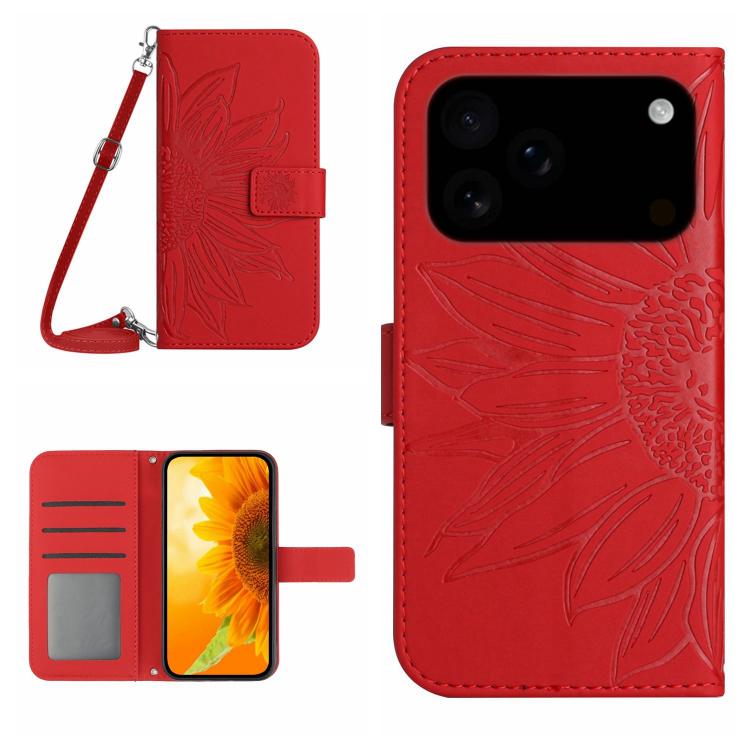 Skin Feel Sun Flower Embossed Flip Leather Phone Case with Lanyard, For iPhone 17e / 16e, For iPhone 17 Pro Max, For iPhone 17 Pro, For iPhone 17
