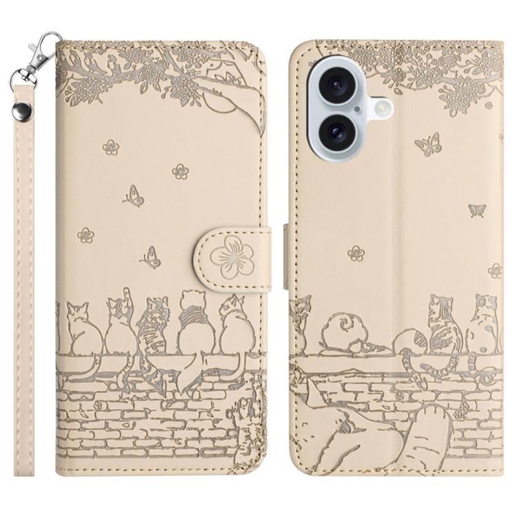 Cat Embossing Pattern Leather Phone Case with Lanyard, For iPhone 16e / 17e, For iPhone 17 Pro Max, For iPhone 17 Pro, For iPhone 17, For iPhone Air, For iPhone 16 Pro Max, For iPhone 16 Pro, For iPhone 16 Plus, For iPhone 16