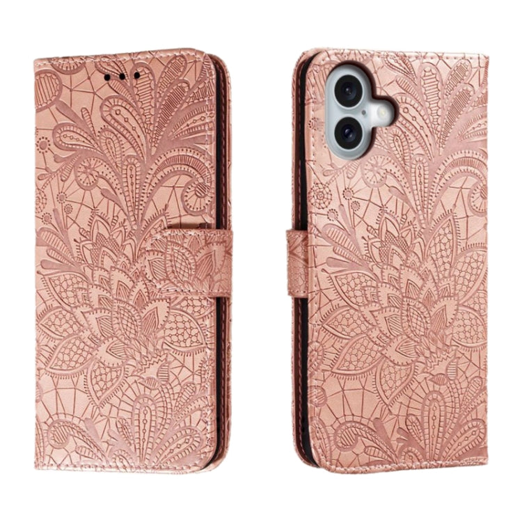 Lace Flower Embossing Flip Leather Phone Case, For iPhone 17e / 16e, For iPhone 17 Pro Max, For iPhone 17 Pro, For iPhone 17, For iPhone Air, For iPhone 16 Pro Max, For iPhone 16 Pro, For iPhone 16 Plus