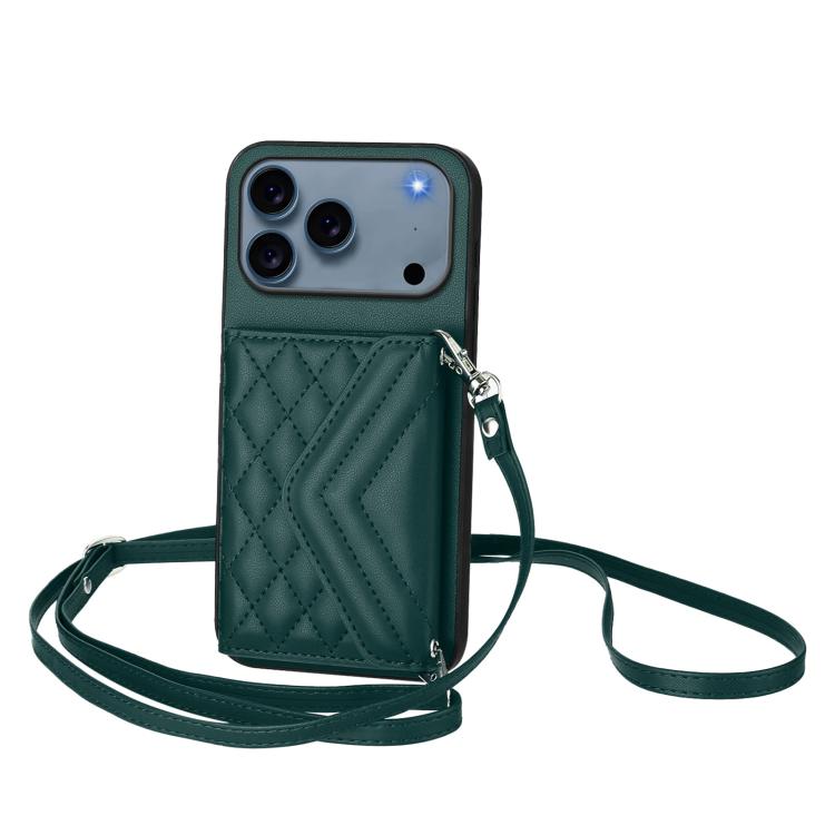 Rhombic Texture Card Bag RFID Phone Case with Long Lanyard, For iPhone 17 Pro Max, For iPhone 17 Pro, For iPhone 17, For iPhone Air, For iPhone 16 Pro Max, For iPhone 16 Pro, For iPhone 16 Plus, For iPhone 16