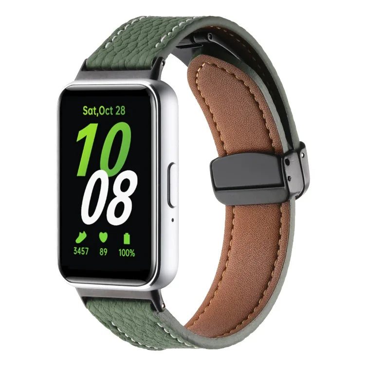Litchi Texture Magnetic Black Buckle Leather Watch Band, For Samsung Galaxy Fit 3