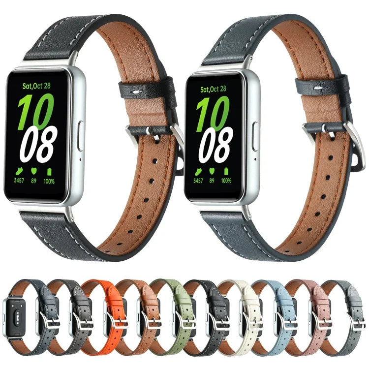 Sewing Thread Genuine Leather Watch Band, For Samsung Galaxy Fit 3