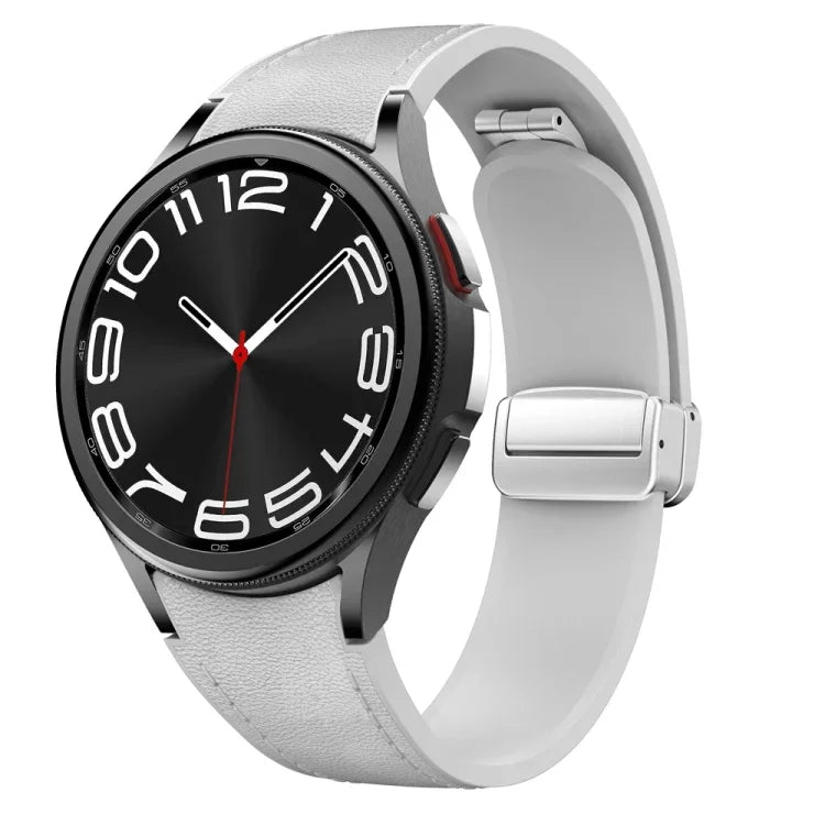 Magnetic Silver Buckle Leather Silicone Watch Band, For Samsung Galaxy Watch 6