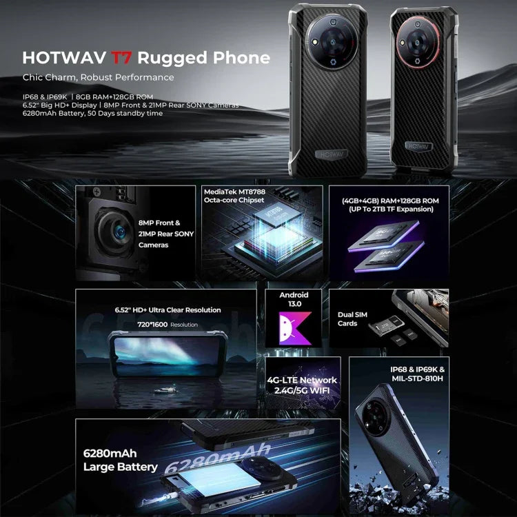 HOTWAV T7 Rugged Phone, 6280mAh, 6.52 inch Android 13 MT8788 Octa Core, Network: 4G, OTG, 4GB+128GB