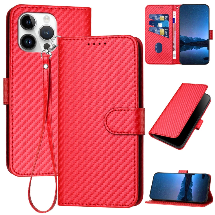 YX0070 Carbon Fiber Buckle Leather Phone Case with Lanyard, For iPhone 16 Pro, For iPhone 16 Plus, For iPhone 16, For iPhone 15 Pro Max, For iPhone 15 Pro, For iPhone 15 Plus