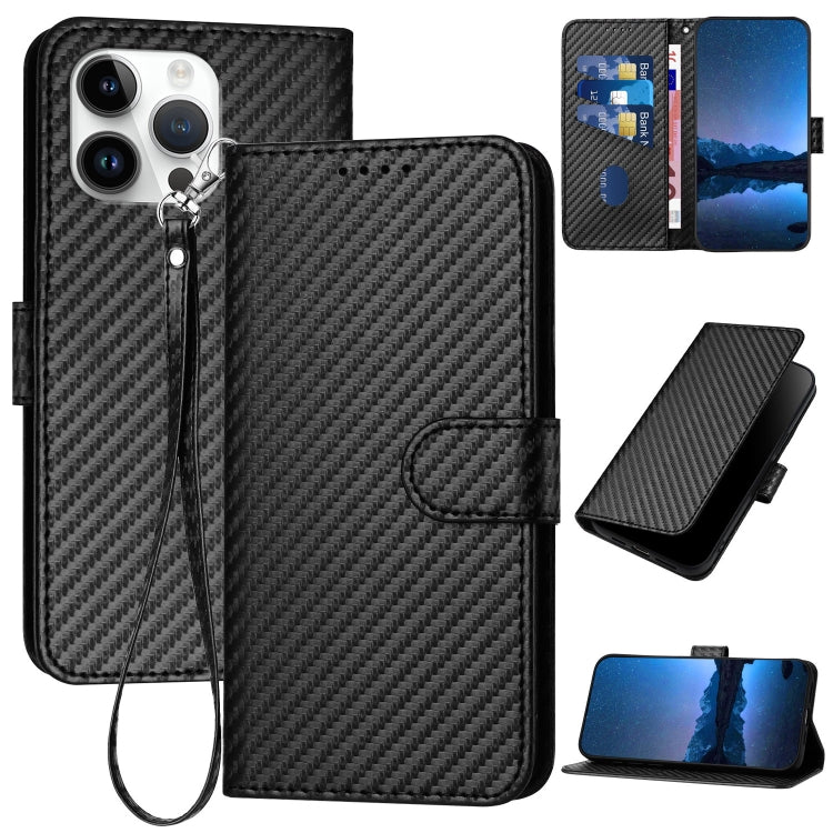 YX0070 Carbon Fiber Buckle Leather Phone Case with Lanyard, For iPhone 16 Pro, For iPhone 16 Plus, For iPhone 16, For iPhone 15 Pro Max, For iPhone 15 Pro, For iPhone 15 Plus